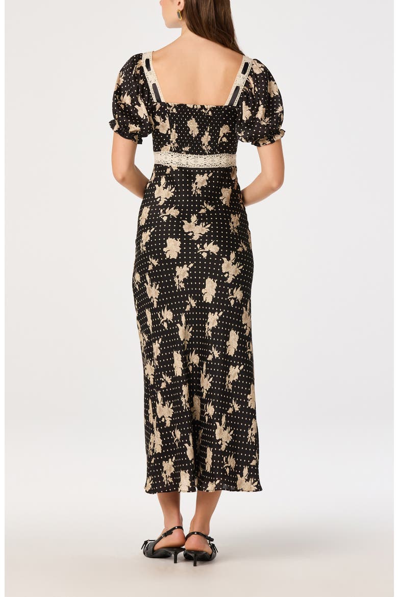 Kim Puffed Sleeve Lace Trimmed Midi Dress, Alternate, color, BLACK POLKA DOT