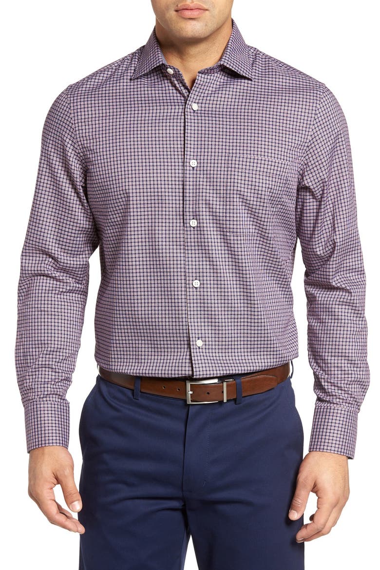 Nordstrom Men's Shop No-Iron Crepe Check Sport Shirt, Main, color, BURGUNDY THORN NAVY CREPE