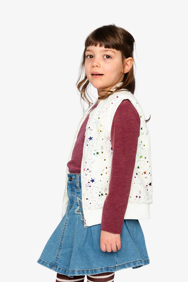 Faux Fur Sleeveless Star Pattern Front Zipper Vest, Alternate, color, Multicolored Stars