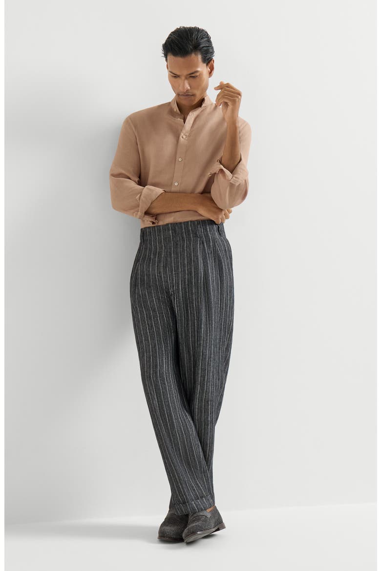 Linen chalk stripe chevron trousers with double pleats, Alternate, color, Dark Grey