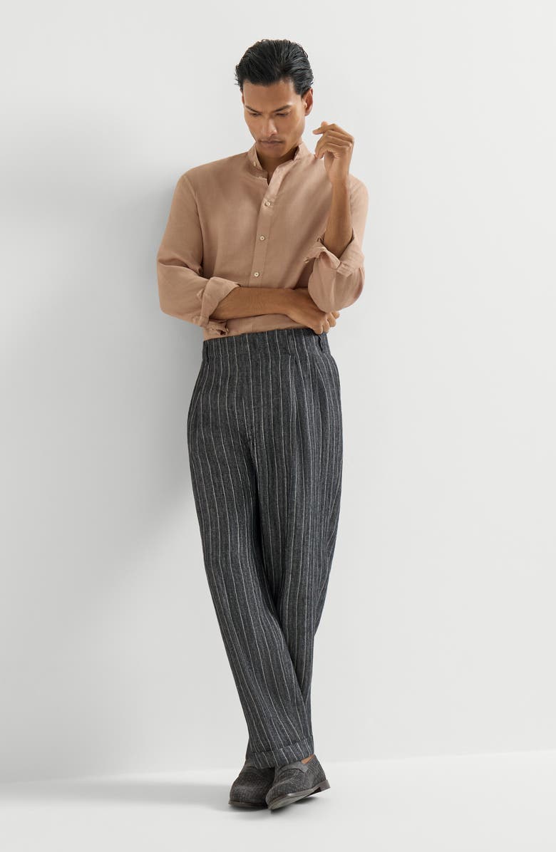 Brunello Cucinelli Linen chalk stripe chevron trousers, Alternate, color, Dark Grey