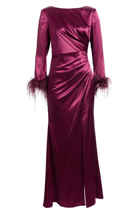 Feather Cuff Long Sleeve Gown