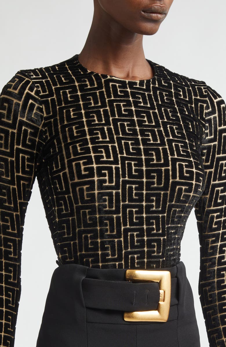 Balmain Monogram Jacquard Devoré Velvet Top, Alternate, color, Ead Black/ Gold