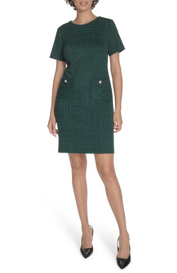 Tommy Hilfiger Windowpane Short Sleeve Shift Dress In Green