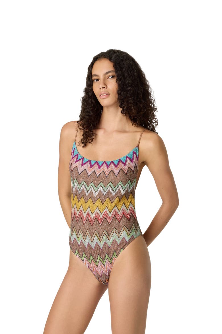 One-piece Swimsuit In Lamé Viscose With Macro Zigzag Pattern, Main, color, Black & Multicoloured