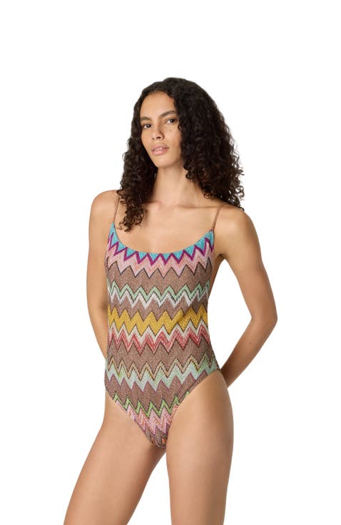 One-piece Swimsuit In Lamé Viscose With Macro Zigzag Pattern