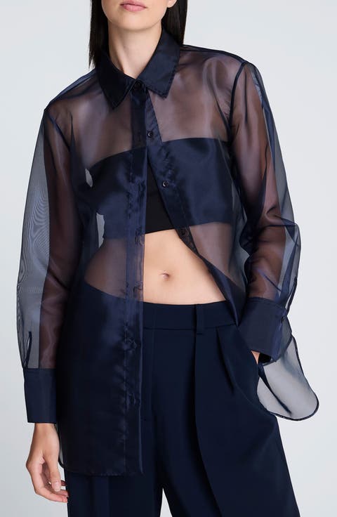 Oversize Sheer Organza Button-Up Shirt