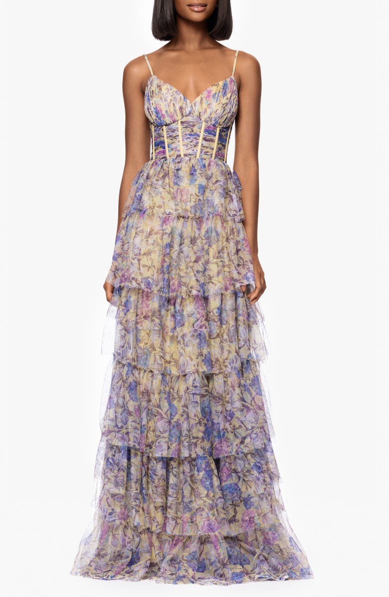 Blondie Nites Floral Print Tiered Ruffle Gown, Main, color, Yellow Multi