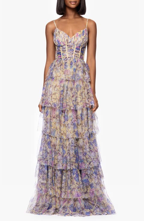 Floral Print Tiered Ruffle Gown