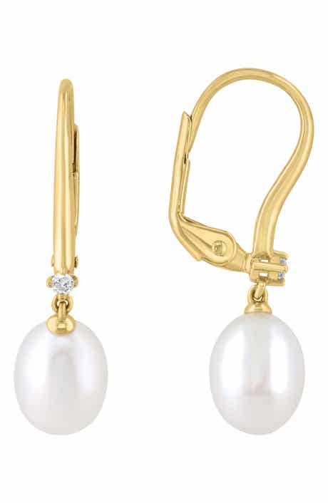 Gold Plated Sterling Silver Diamond & Pearl Drop Earrings