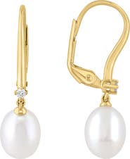 EFFY Gold Plated Sterling Silver Diamond & Pearl Drop Earrings