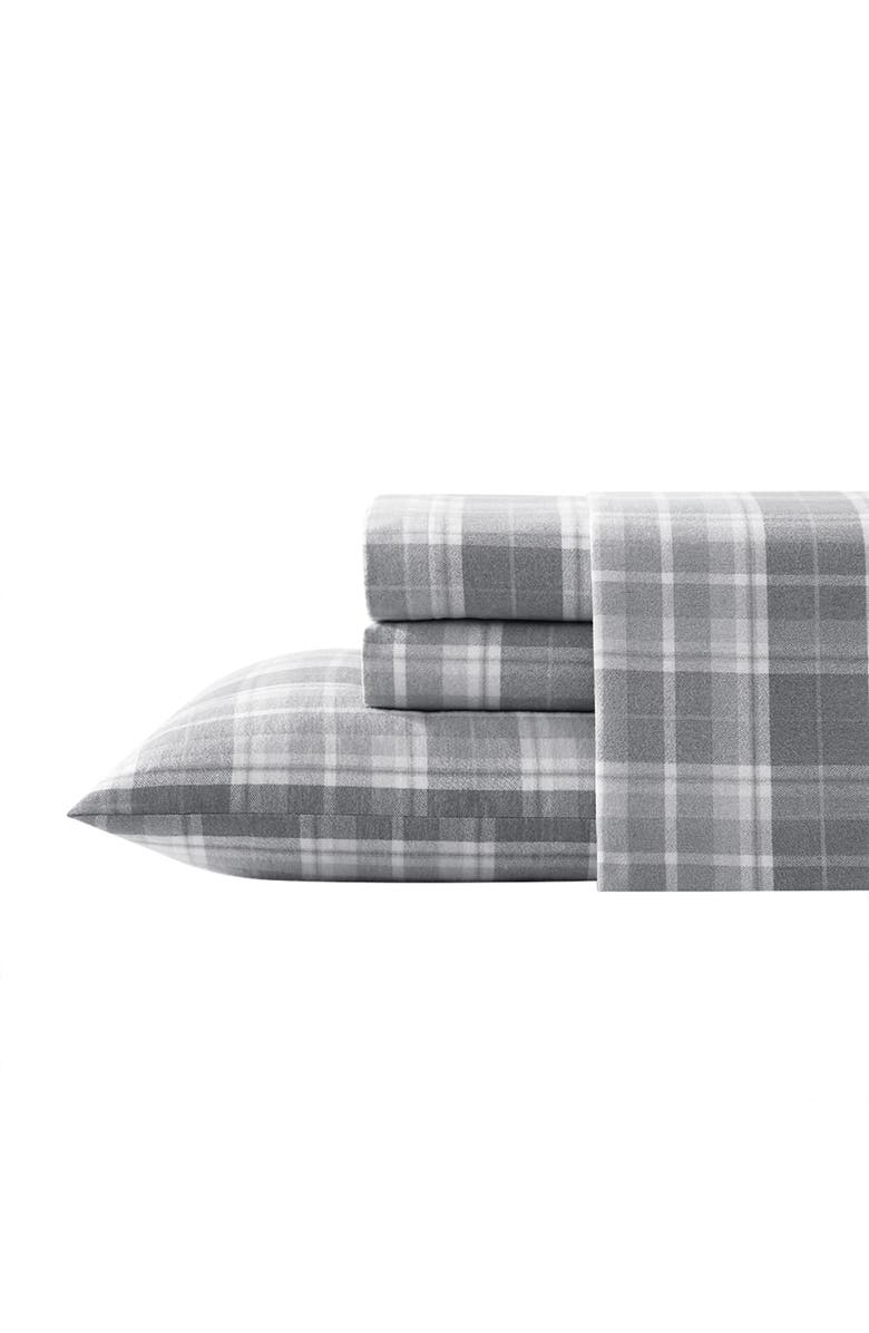 Laura Ashley Mulholland Plaid Cotton Flannel Queen Sheet Set, Main, color, Grey
