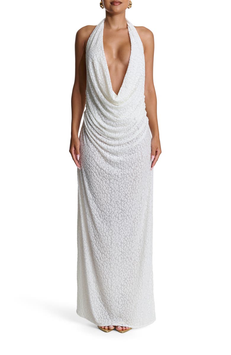 Naked Wardrobe Burnout Lace Plunge Neck Maxi Dress, Main, color, Leopard White