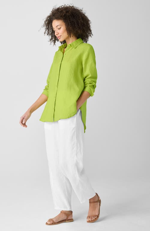 Eileen Fisher Classic Collar Organic Linen Long Button-up Shirt In Chartreuse