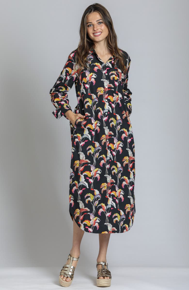 APNY Printed Long Sleeve Cotton Shirtdress, Alternate, color, Black Multi