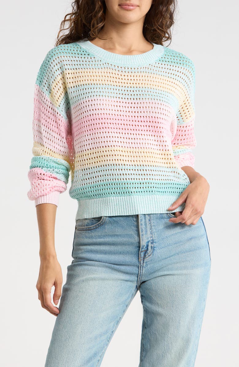 Madden Girl Stripe Open Stitch Sweater, Main, color, Mint Multi Combo