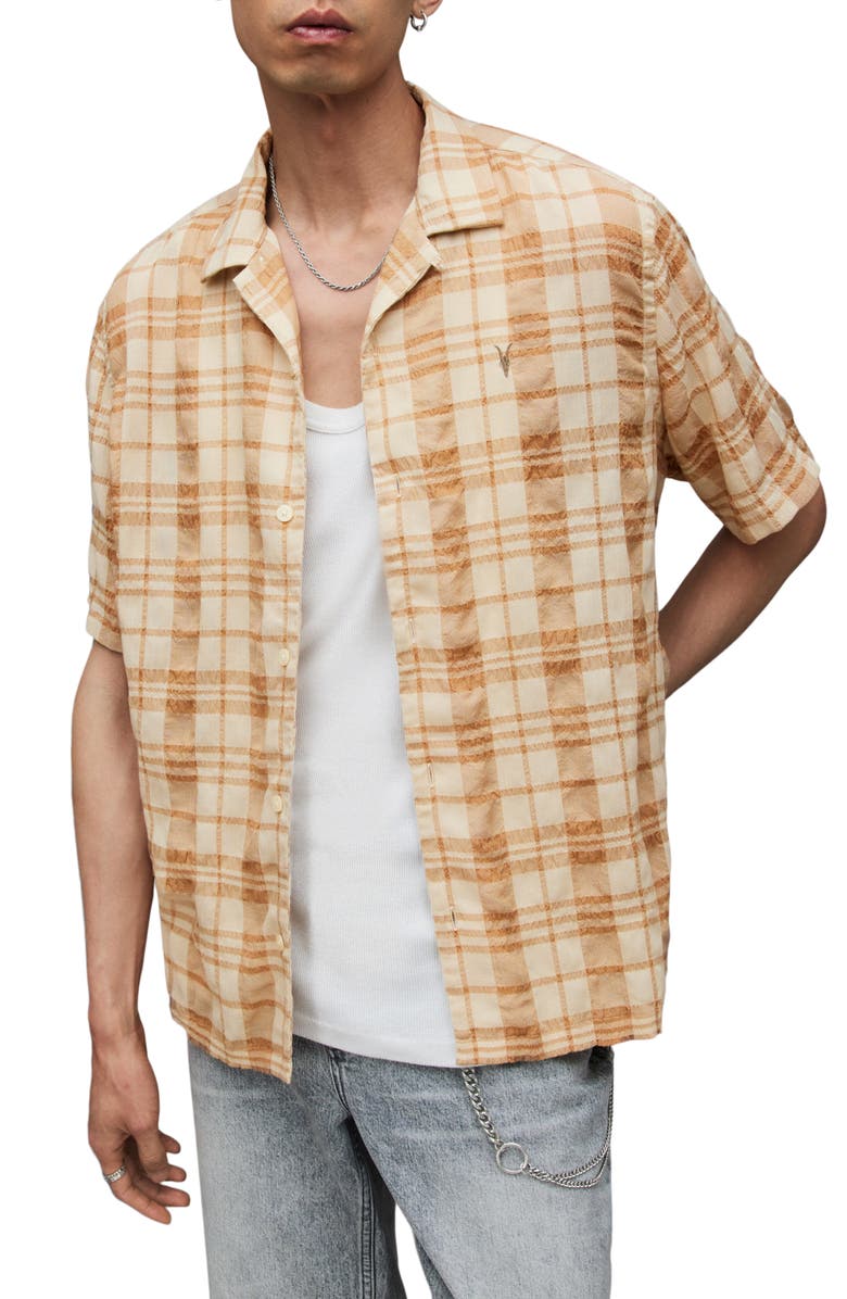 AllSaints Buddy Plaid Textured Camp Shirt, Alternate, color, Faded Taupe