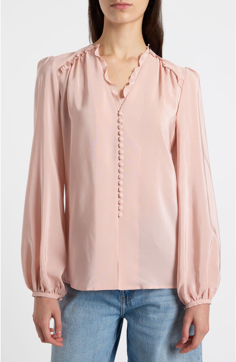 Santorelli Blaine Long Sleeve Ruffle Silk Top, Alternate, color, Blush