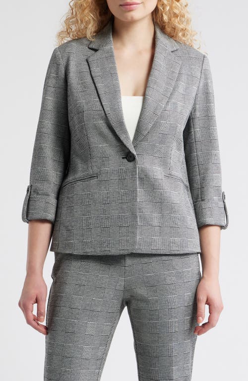 Ak Anne Klein Windowpane Plaid Roll-tab Sleeve Jacket In Gray