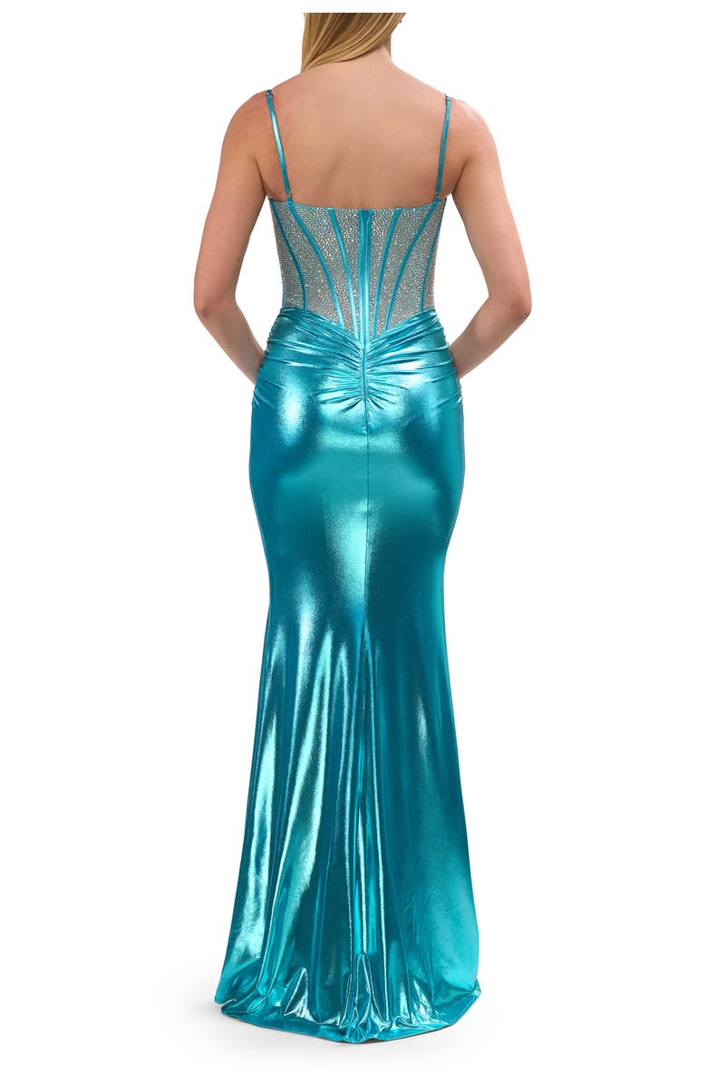 La Femme Metallic Jersey Dress with Rhinestone Embellished Corset, Alternate, color, Aqua