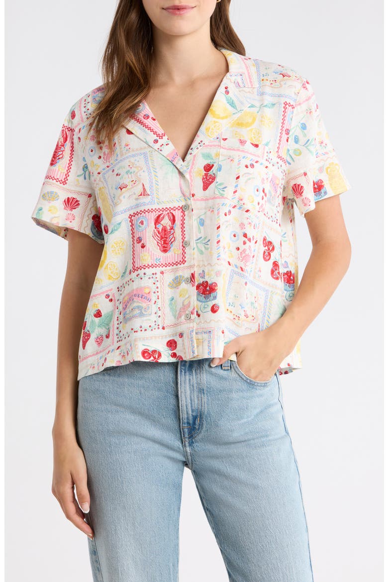Post Card Print Linen Blend Camp Shirt, Main, color, MULTI POSTCARD