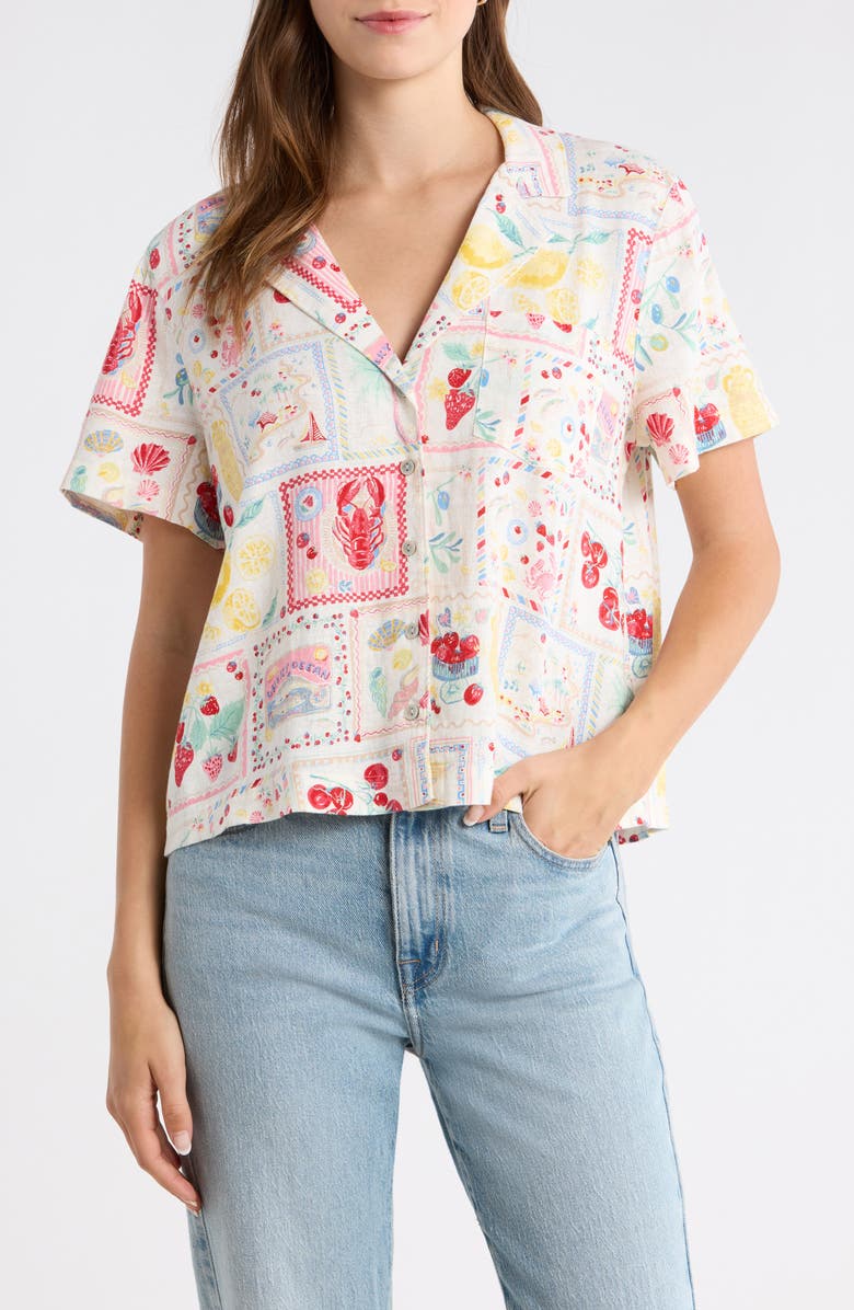 Lucky Brand Post Card Print Linen Blend Camp Shirt, Main, color, Multi Postcard