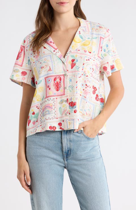 Post Card Print Linen Blend Camp Shirt