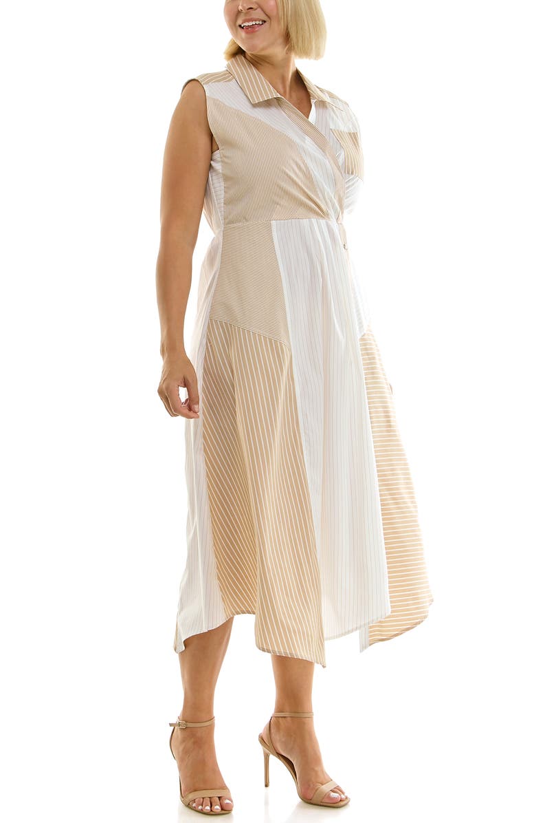 Nicole Miller Stripe Pleated Asymmetric Maxi Dress, Alternate, color, Mocha White Stripe