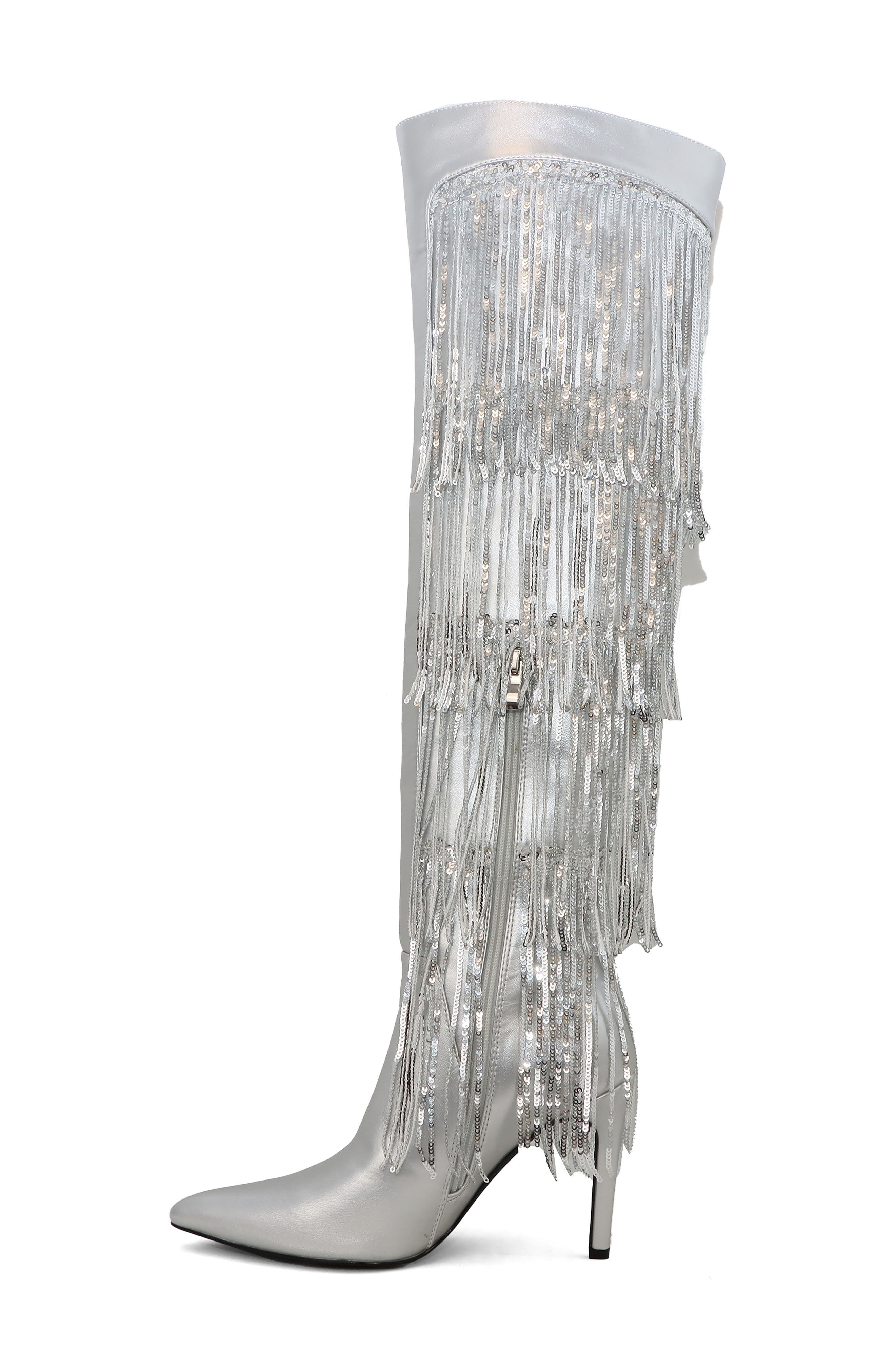 YOKI Nayla Sequin Fringe Knee High Boot, Alternate, color, Silver