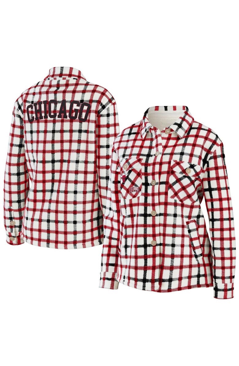 WEAR by Erin Andrews Women's WEAR by Erin Andrews Oatmeal Chicago Bulls Plaid Button-Up Shirt Jacket, Main, color, Oatmeal
