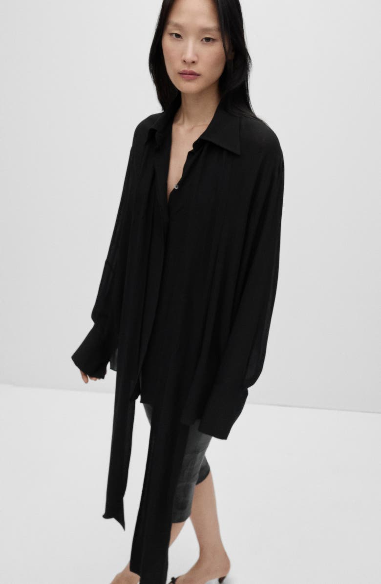 MANGO Tie Neck Semisheer Button-Up Shirt, Alternate, color, 