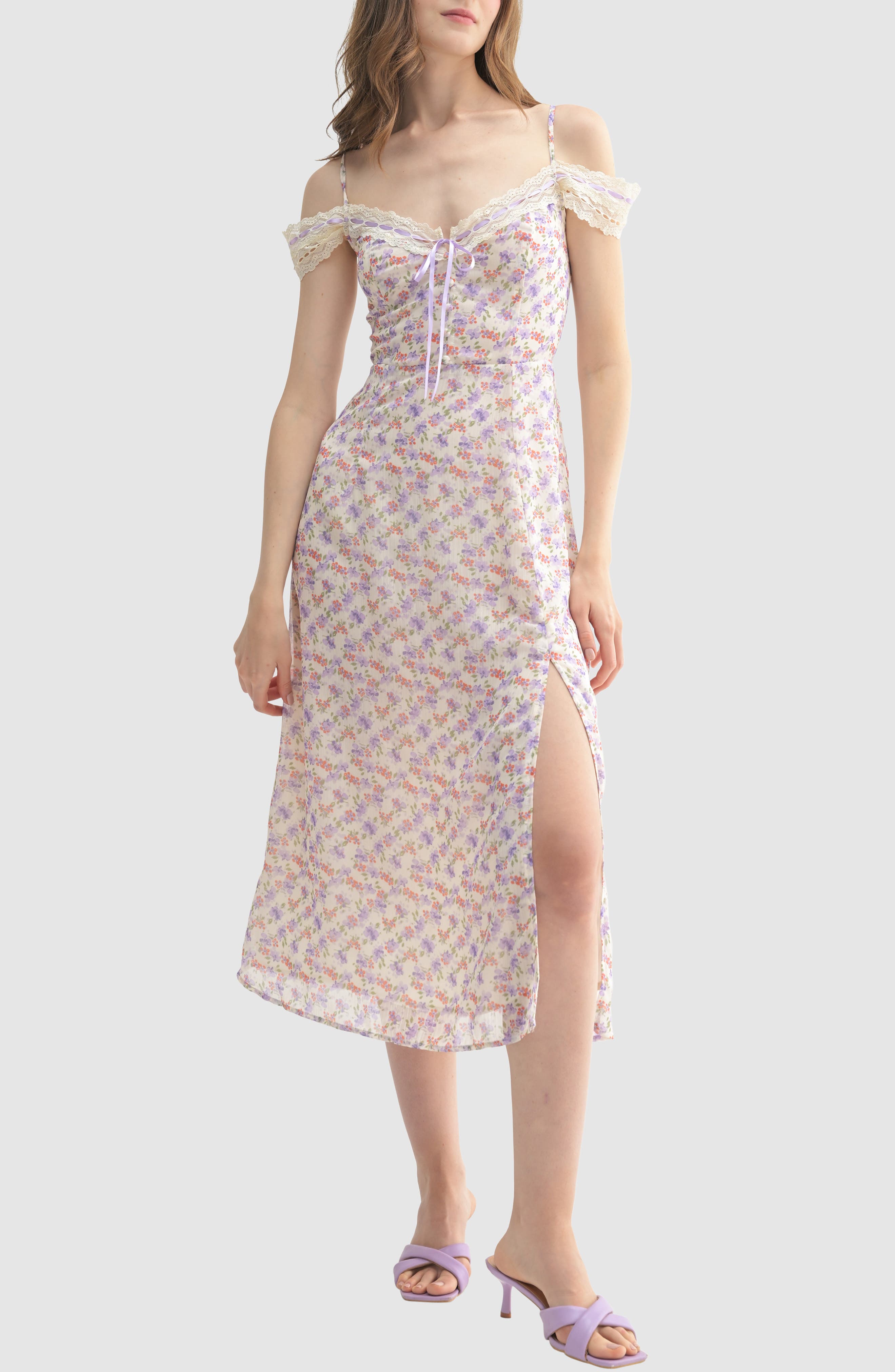 Lace Trim Satin Ribbon Cold Shoulder Midi Dress