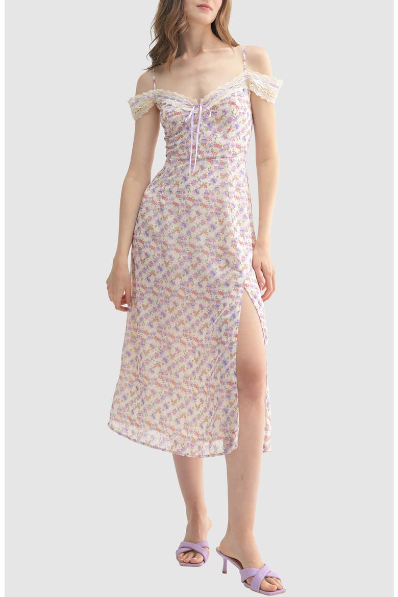 Lace Trim Satin Ribbon Cold Shoulder Midi Dress, Main, color, CREAM LILAC