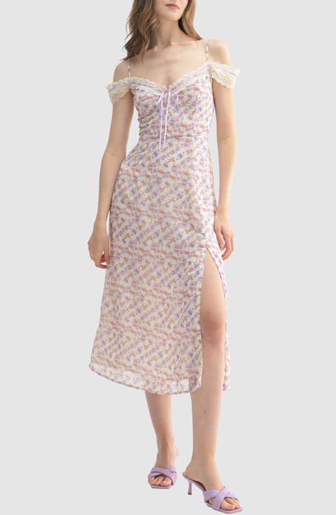 Lace Trim Satin Ribbon Cold Shoulder Midi Dress