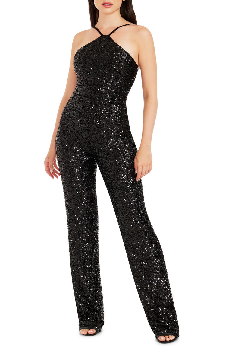 Darian Sequin Halter Jumpsuit, Main, color, JET BLACK