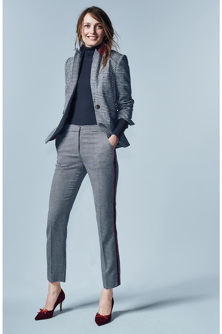 British Tweed Check Velvet Trim Pants, Alternate, color, AW18 NAVY AND IVORY PUPPYTOOTH