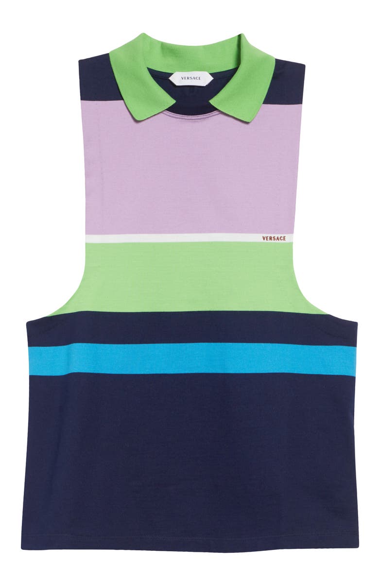 Versace Stripe Cotton Jersey Tank, Alternate, color, Bright Pink Green Azur Blue