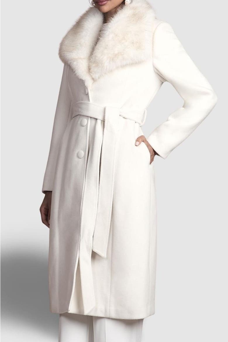 Faux Fur Collar Belted Midi Coat, Alternate, color, Ivory