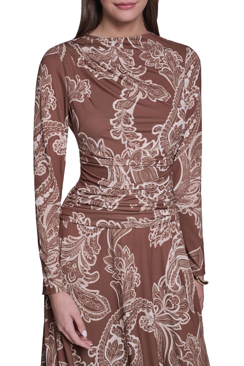Long Sleeve Paisley Printed Jersey Midi Dress, Alternate, color, Tan Multi