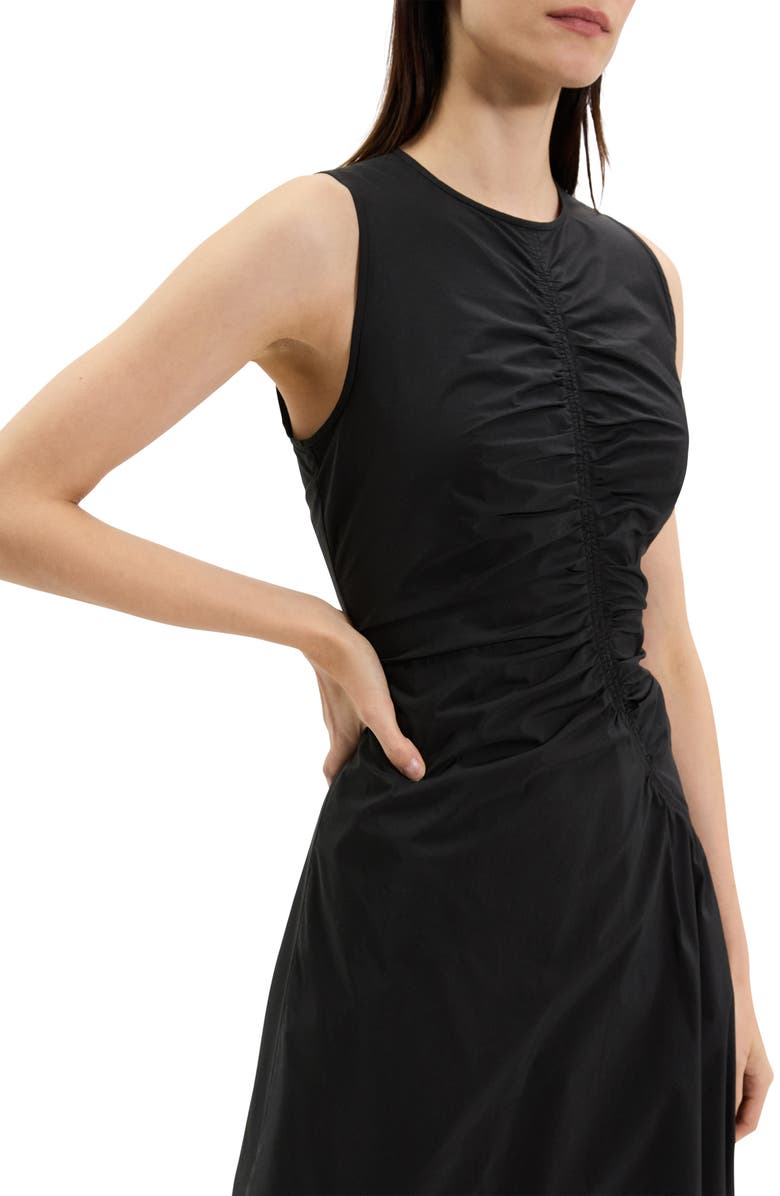 Theory Asymmetric Ruched Sleeveless Midi Dress, Alternate, color, Black