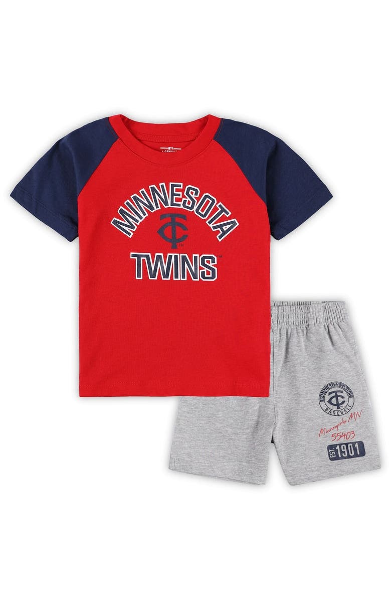 Outerstuff Toddler Red/Heather Gray Minnesota Twins Two-Piece Groundout Baller Raglan T-Shirt & Shorts Set, Main, color, 