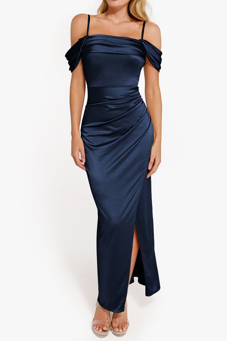 Liquid Metallic Fabric Off Shoulder Shine Ruched Sculpting Maxi Shapewear Dress, Alternate, color, Navy Blue