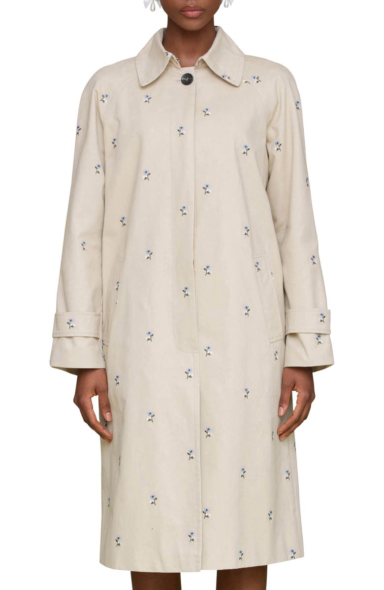 Avec Les Filles Floral Embroidered Trench Coat, Alternate, color, Light Khaki/ Blue Flower