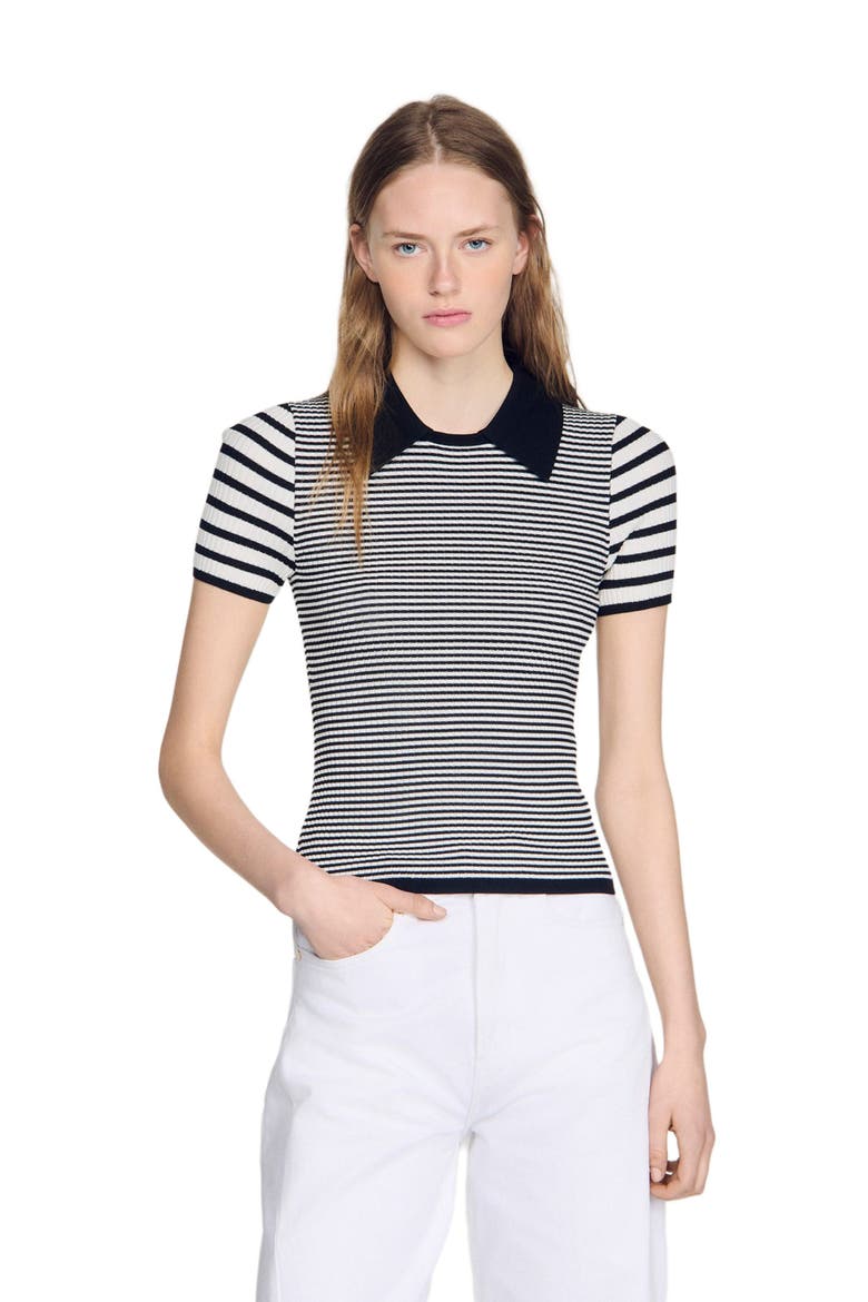 Striped polo-style sweater, Main, color, Black / ecru