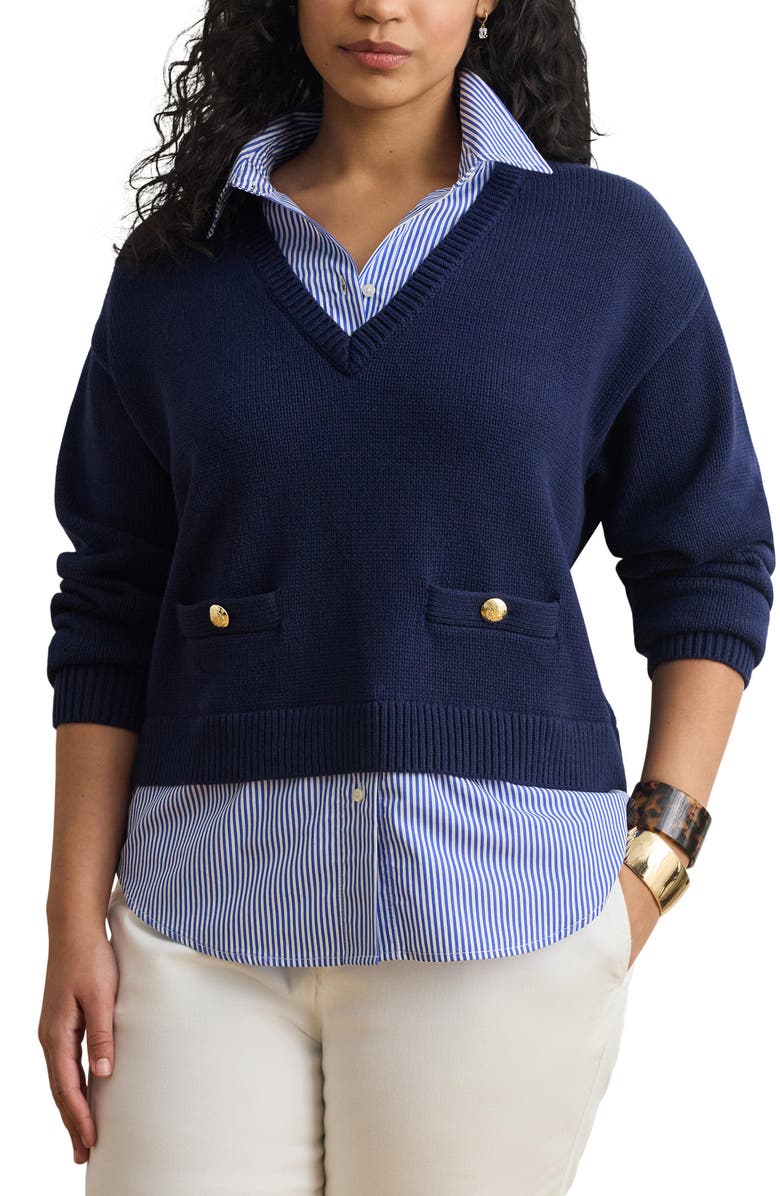 Lauren Ralph Lauren Layered-Look Button Trim Cotton Sweater, Main, color, Refined Navy Blue/ Multi