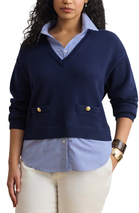 Layered-Look Button Trim Cotton Sweater (Plus)