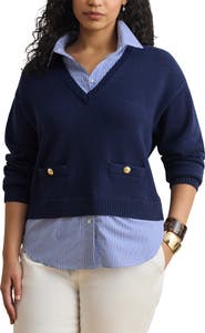 Lauren Ralph Lauren Layered-Look Button Trim Cotton Sweater