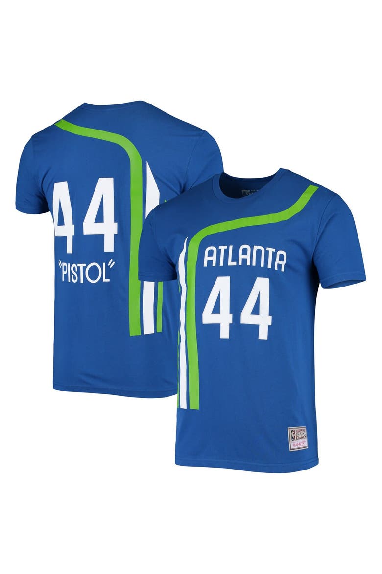 Men's Mitchell & Ness Pete Maravich Blue Atlanta Hawks Hardwood Classics Stitch Name & Number T-Shirt, Main, color, Blue
