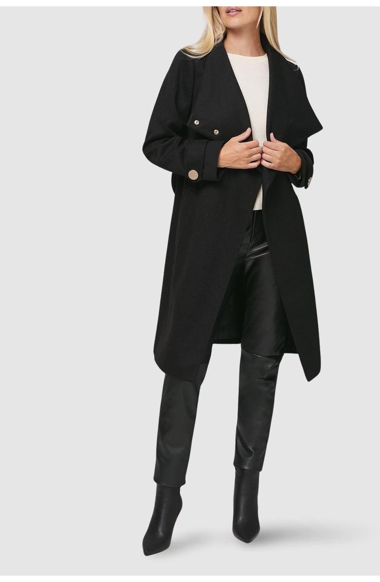 Wallis Petite Funnel Neck Tie Belt Coat, Alternate, color, Black
