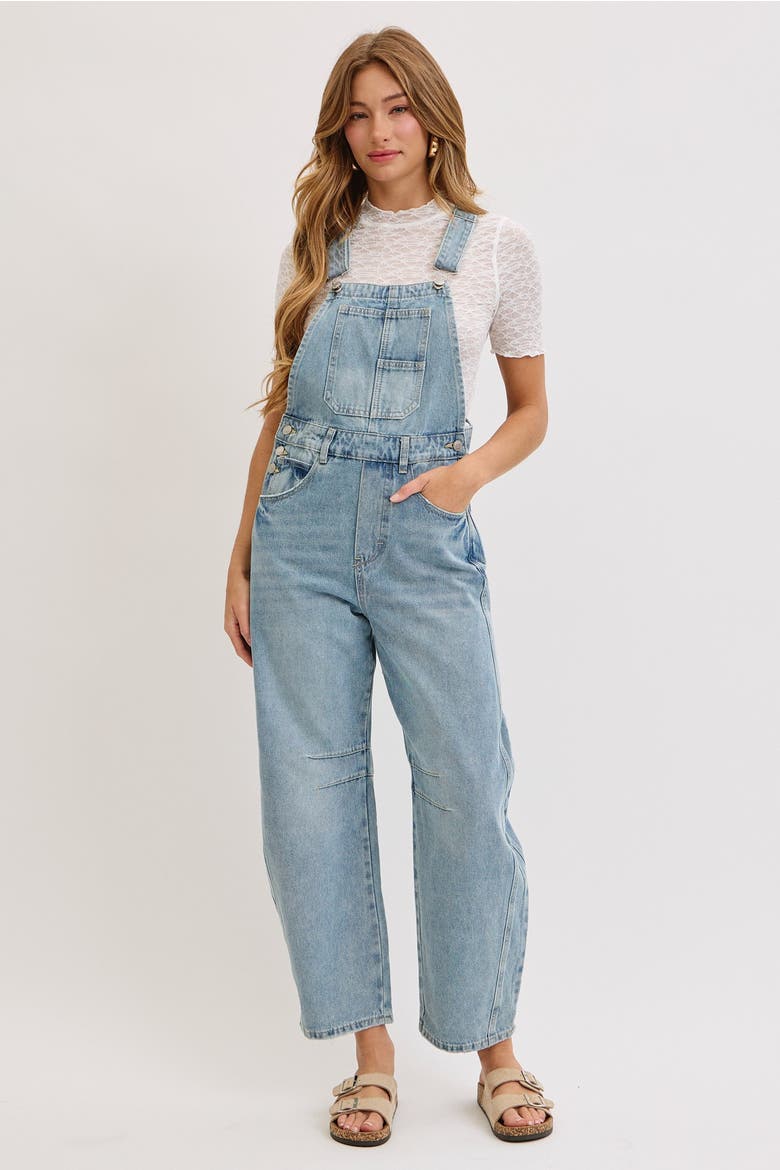 Blue Barrel Leg Denim Overalls, Main, color, Light Blue